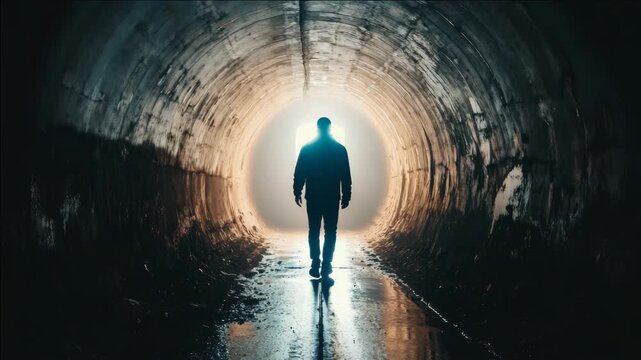 A solitary figure walks through a long tunnel with light at the end.