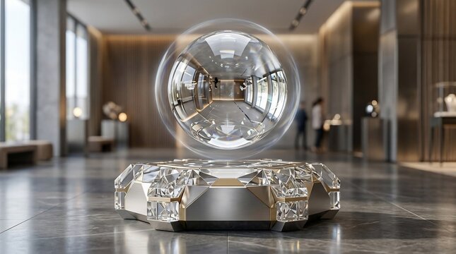 Futuristic glass orb display on modern crystal pedestal in elegant interior