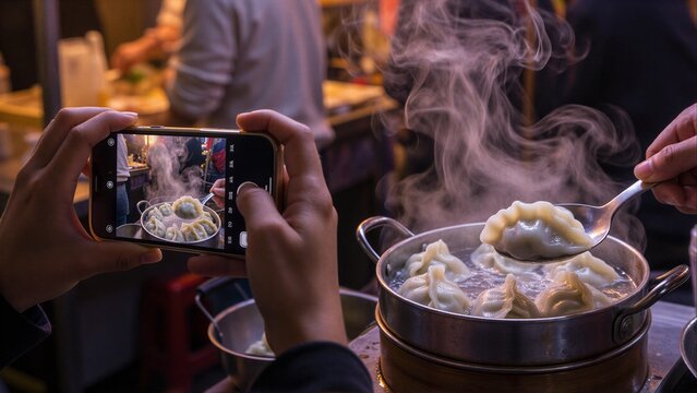 Steamy dumplings steamed in pot, captured on phone screen by curious diner.