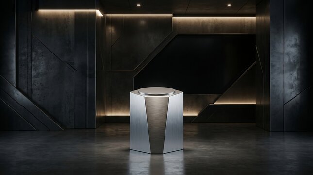 Futuristic pedestal display platform with dramatic lighting and geometric background
