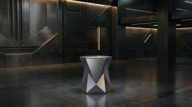 Futuristic pedestal display with metallic geometric design and ambient lighting