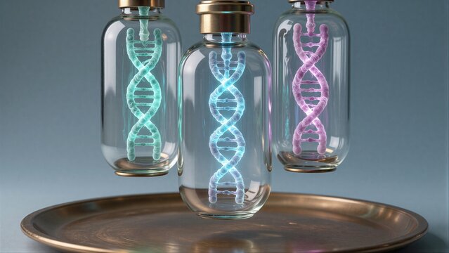 Three glowing DNA strands in glass bottles, symbolizing genetic science and innovation.