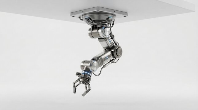 Industrial robotic arm with gripper attached to ceiling surface