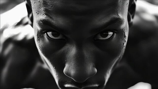 A focused boxer staring intensely into the camera.