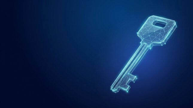 Digital key low poly glowing wireframe icon for cyber security data protection internet access technology banner