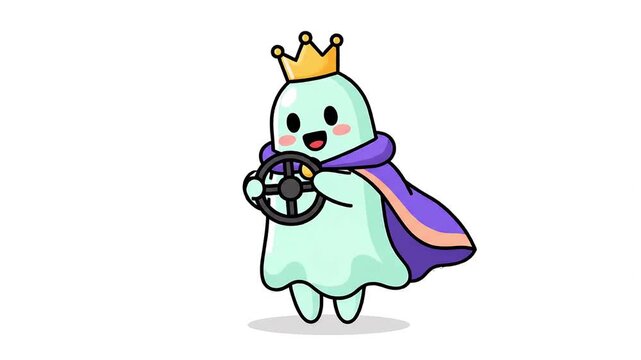 Cute cartoon ghost king holding a steering wheel, wearing a golden crown and flowing purple cape, with playful facial animation on a clean white background.