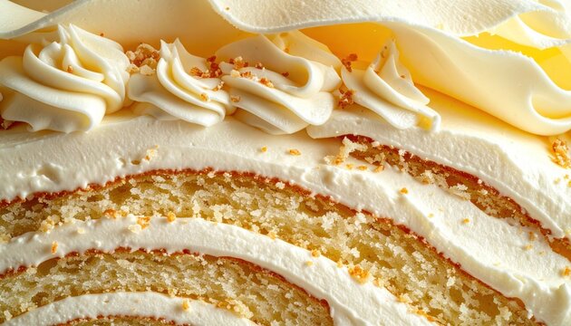 Close-up of white frosted cake slice with piped swirls and crumbs