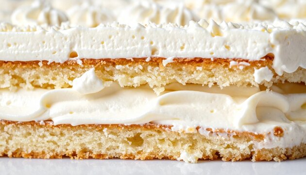 Close-up of creamy layered cake with fluffy whipped frosting on sponge layers, showcasing texture and richness