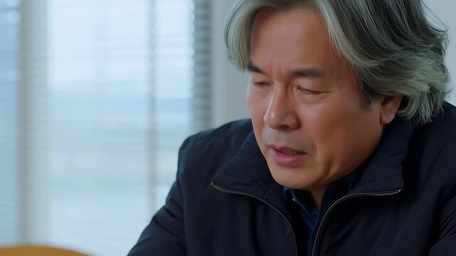 Senior Asian man with graying hair sitting indoors and speaking thoughtfully while wearing a casual dark jacket