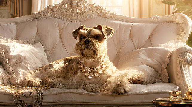 Regal canines recline on a sophisticated white couch embellished with luxurious trinkets in gentle, welcoming light during a snug afternoon