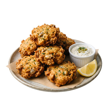 Delicious Crispy Fried Clam Fritters Served with Tartar Sauce and Lemon on a Plate Isolated on Black