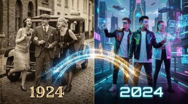 Comparison of 1924 vintage style and 2024 futuristic city.