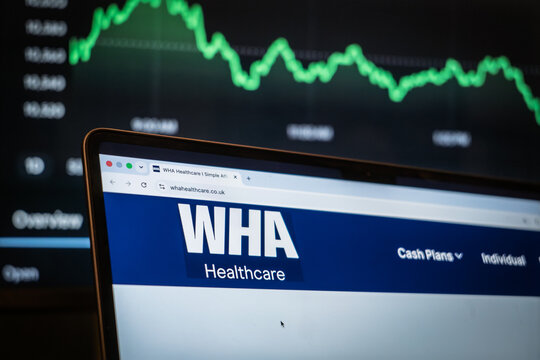 LONDON, UK - JULY 19, 2026: Logo of WHA Healthcare on their website. Welsh Hospitals and Health Services Association is a British Insurance from Wales specialized in health cash plan provider.