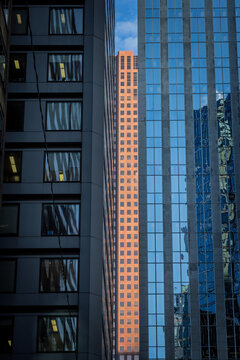 Vertical view of North American business skyscrapers, showing glass office towers, reflective facades and dense downtown architecture linked to finance, corporate offices and CBD development.