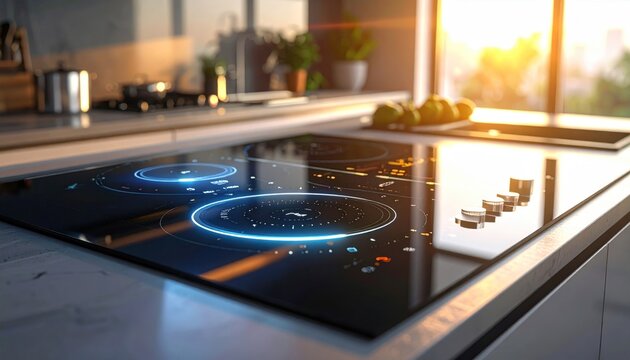 Sunlit kitchen showcasing a glossy, futuristic induction stove with glowing controls and modern design