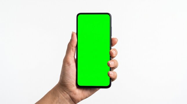 Person holding a smartphone with a green screen on a white background