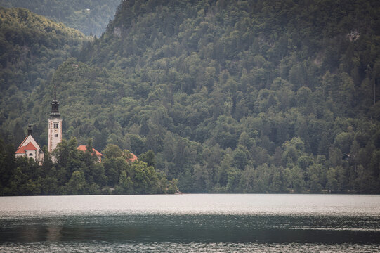 Bled Island on Lake Bled in Slovenia, with the Church of the Assumption of Mary and its bell tower rising above trees on the forested island, viewed across the calm waters of Blejsko jezero.