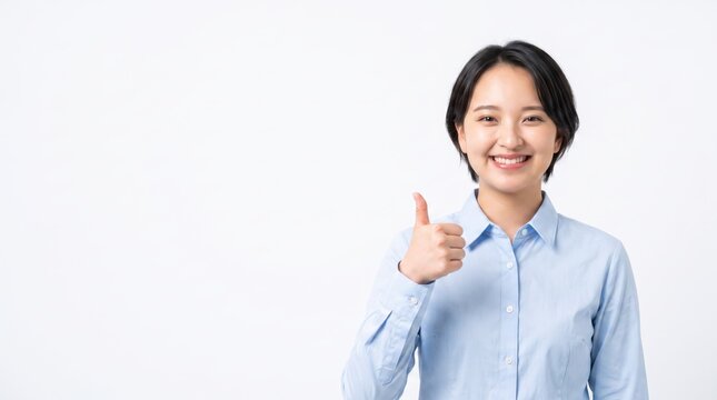 Asian woman smiling and giving thumbs up gesture, positive attitude, approval sign, happy expression, success, confident young female professional portrait