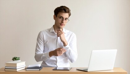 Fototapeta premium Thoughtful young professional man in glasses working at a desk with a laptop computer