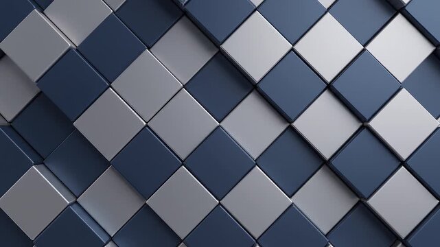 A high-angle view shows a grid of alternating dark blue and light gray square tiles.