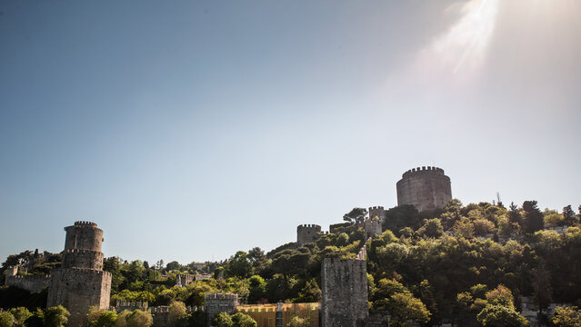 Panorama of Halil Pasha Tower and the stone walls and towers of Rumeli Fortress, or Rumelihisari, in istanbul, Turkey, the Ottoman stronghold overlooking the Bosphorus and historic Constantinople.