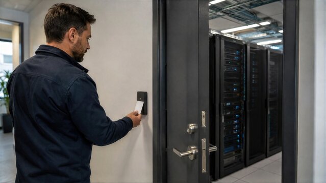 IT Professional Using Keycard for Secure Access to Data Center Server Room