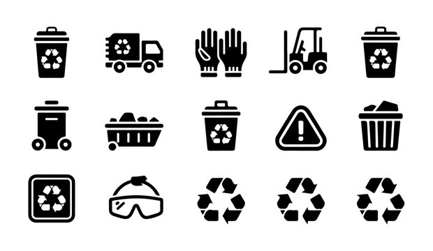 Solid black recycling and industrial waste collection icons set for hazardous material handling and environmental.