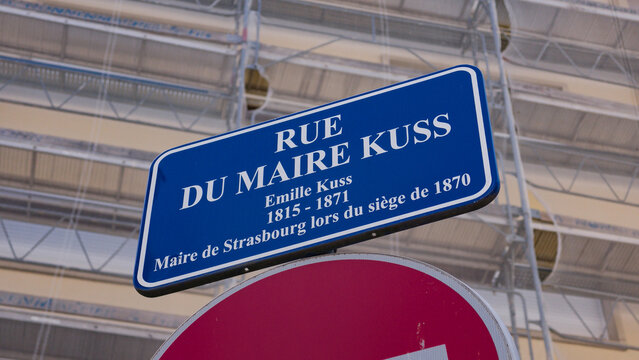 Blue street sign Rue du Maire Kuss in Strasbourg, France, indicating historical significance