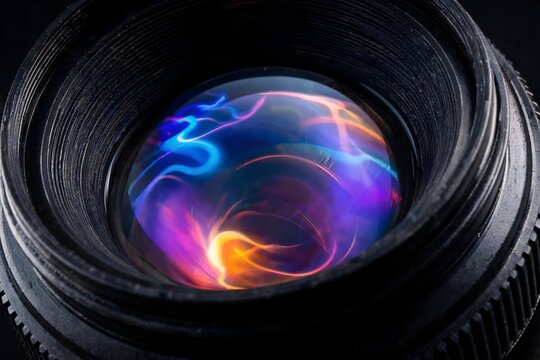 Abstract close-up of a camera lens with colorful swirling light reflections