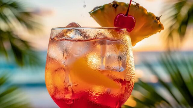 Cocktail with ice and garnish of pineapple and a cherry, set against a blurred tropical background