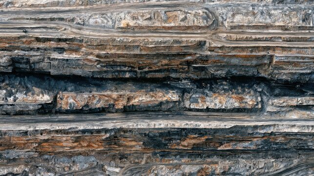 Aerial view of a stripped surface coal mine showing layered strata