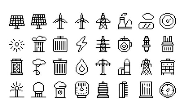 Various pixel art power plant energy icon set for utility infrastructure and renewable electricity generation grids.