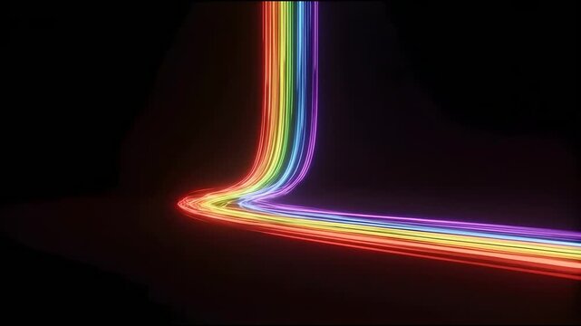 Rainbow Neon Light Streams Dropping Vertically and Curving Horizontally