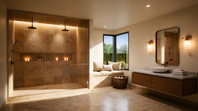Modern luxury bathroom with large walk in glass shower marble tiling and wooden floating vanity unit.