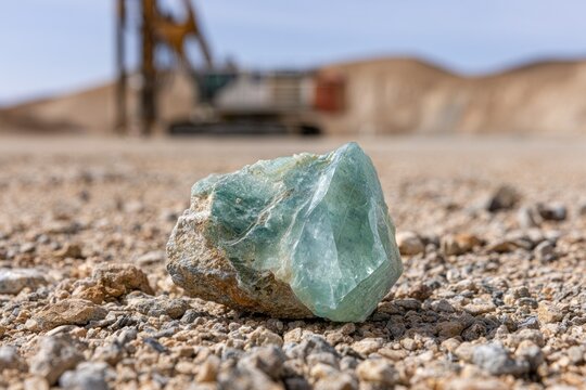 Raw blue green crystal mineral rock on gravel with construction equipment in background