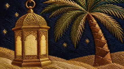 Fototapeta premium Golden Islamic Lantern and Palm Tree Under Stars Silk Embroidery Art
