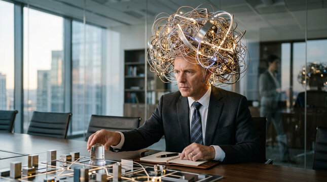 Man with tangled wires and lights on head in office, deep thought