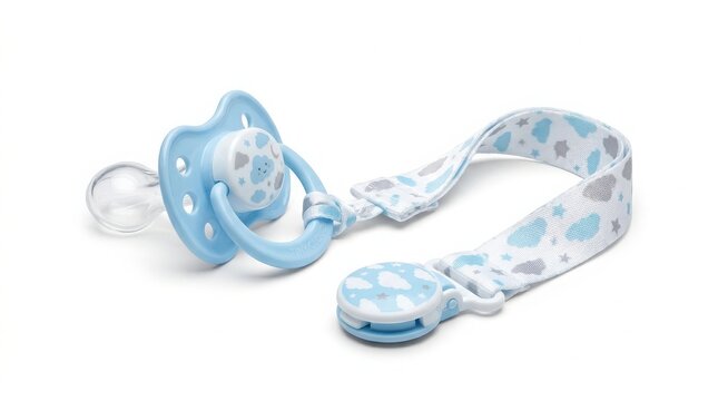 Baby pacifier with printed pattern and matching fabric strap holder pacifier accessory soothing parenting attachment childcare babycare essential equipment teething development