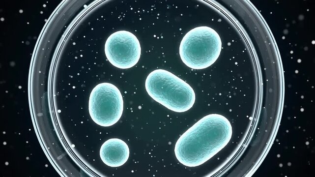 Microscopic view of green bacteria organisms growing inside circular petri dish