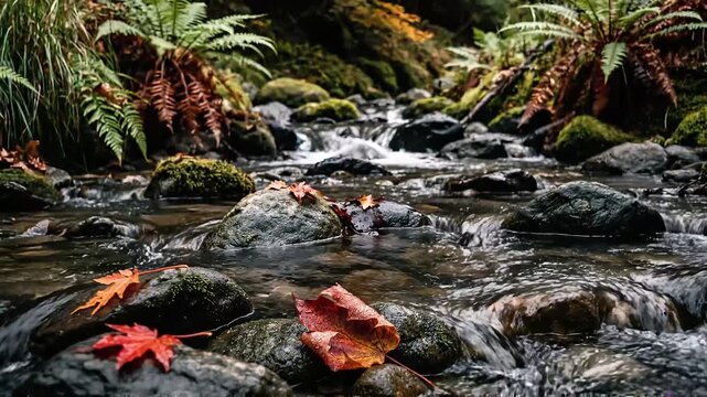 Cinematic footage of a wet autumn maple leaf resting on dark rocks in a flowing river stream.