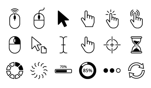 Computer mouse click cursor gray arrow and digital loading outline icon collection