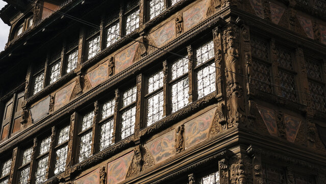 Intricate historic timber frame facade of Maison Kammerzell building in Strasbourg, France