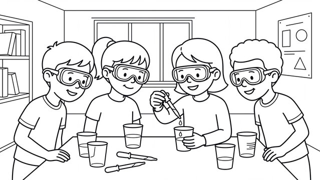 Children wear protective goggles while conducting a science experiment with droppers and beakers at a table inside a classroom setting for an educational lesson.