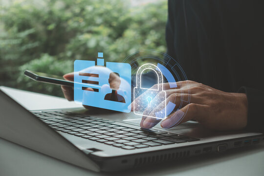 Modern cybersecurity and digital protection concept. Man using laptop and phone, secure data management, privacy protection, and network safety. Ideal for themes of information security, secure access
