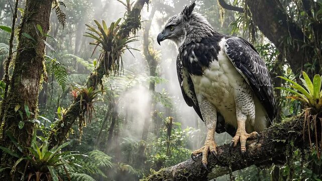Cinematic footage of a Harpy Eagle perched on a branch in a misty tropical jungle.