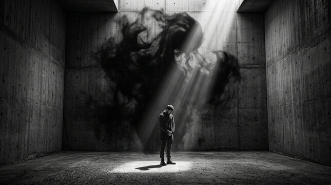 Man in spotlight confronting dark cloud in concrete room, despair, anxiety, surrender