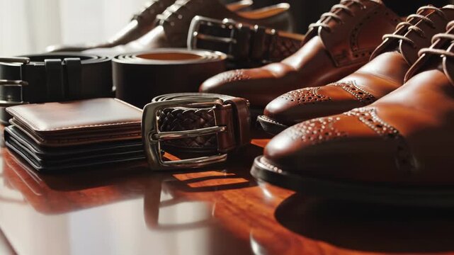 Close-up of accessories. Leather shoes, belts, and wallets on polished wooden surface. Elegant and refined