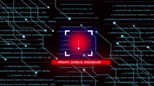 Cyber security alert interface displaying proxy shield disabled warning with glowing digital circuitry background, and real-time data, decryption process for, network protection and hacking
