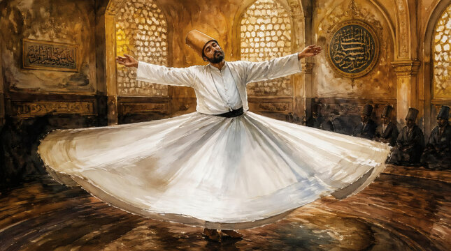Whirling Dervish Performing Sufi Dance in Traditional Attire