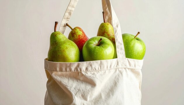 Canvas grocery tote bag filled with fresh green apples and pears, sustainable shopping, healthy lifestyle, farm market produce